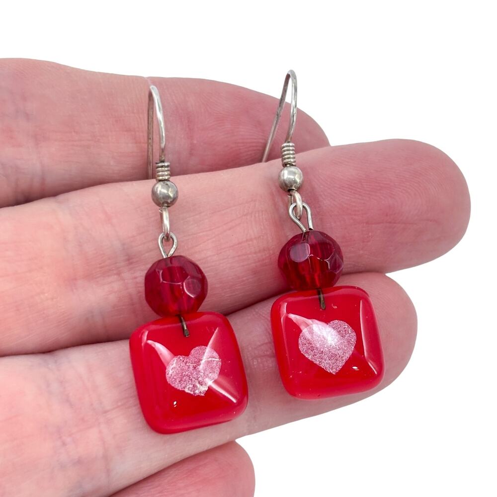 Vintage Sterling Silver 925 Heart Red Beaded Dangle Earrings